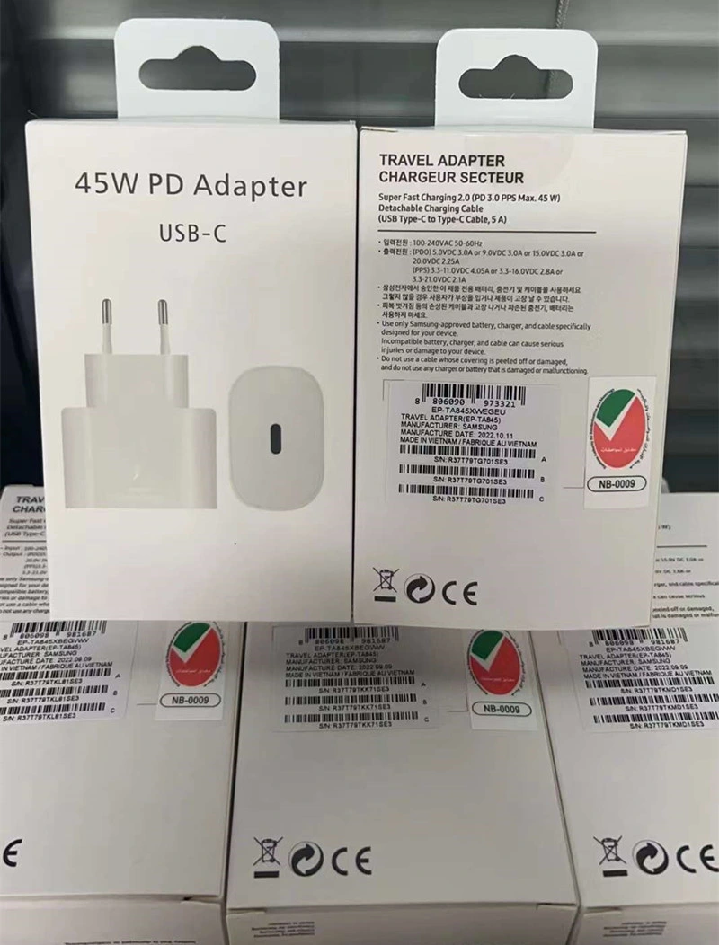 Grossista ficha de carregador de parede UE de 45 W e carregamento rápido tipo C duplo Cabo para Samsung Galaxy S23 S22 S20 S21 Nota 20 A73 adaptador A53 tipo C.