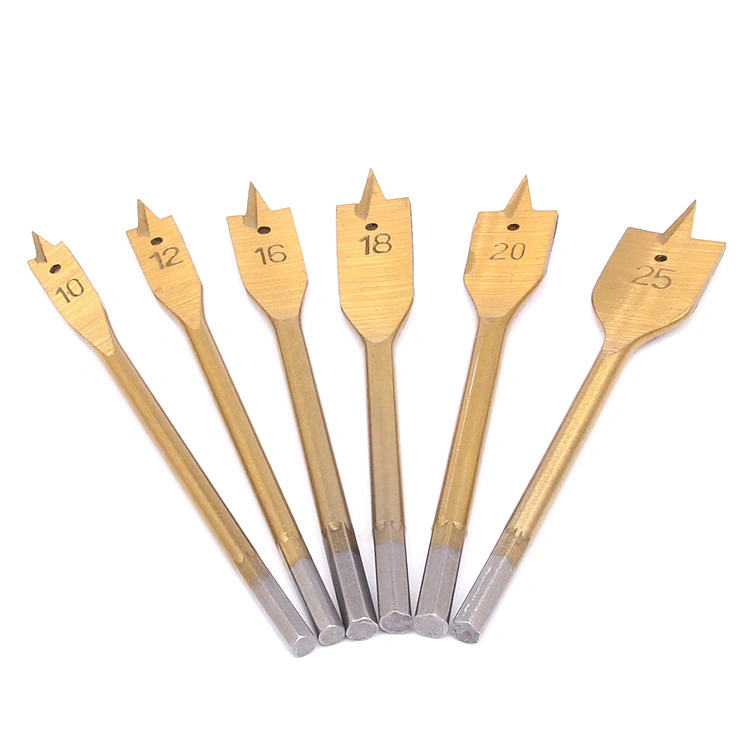 Titanium Coated Quick Change Hex Shank Tri-Point Flat Wood Spade Drill Bit with Cutting Groove