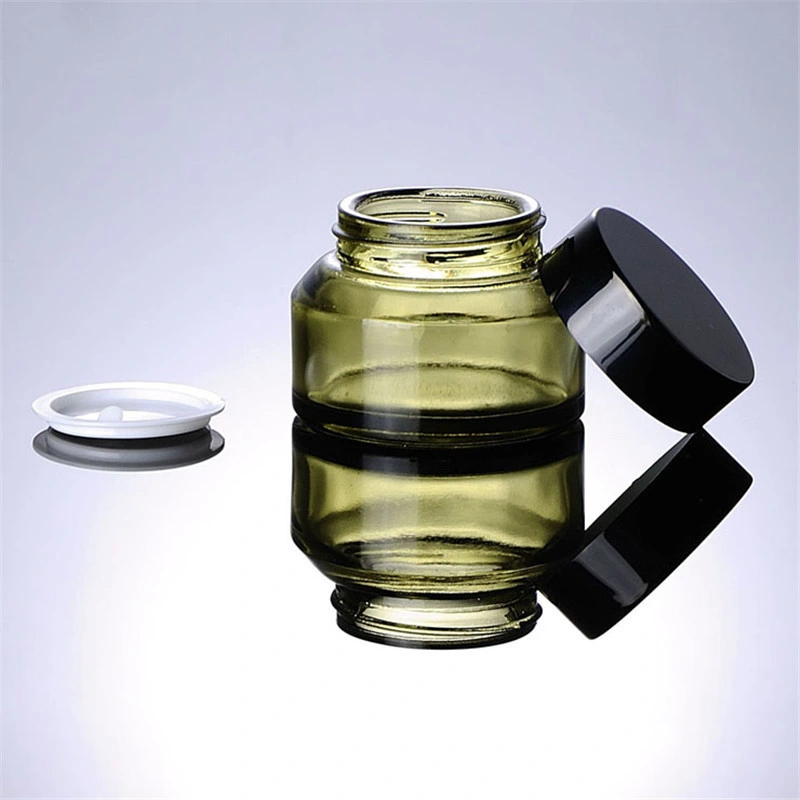 50g Olive Green Transparent Tea Shoulder Cream Jar with Black Glossy Cover Eye Cream Glass Jars