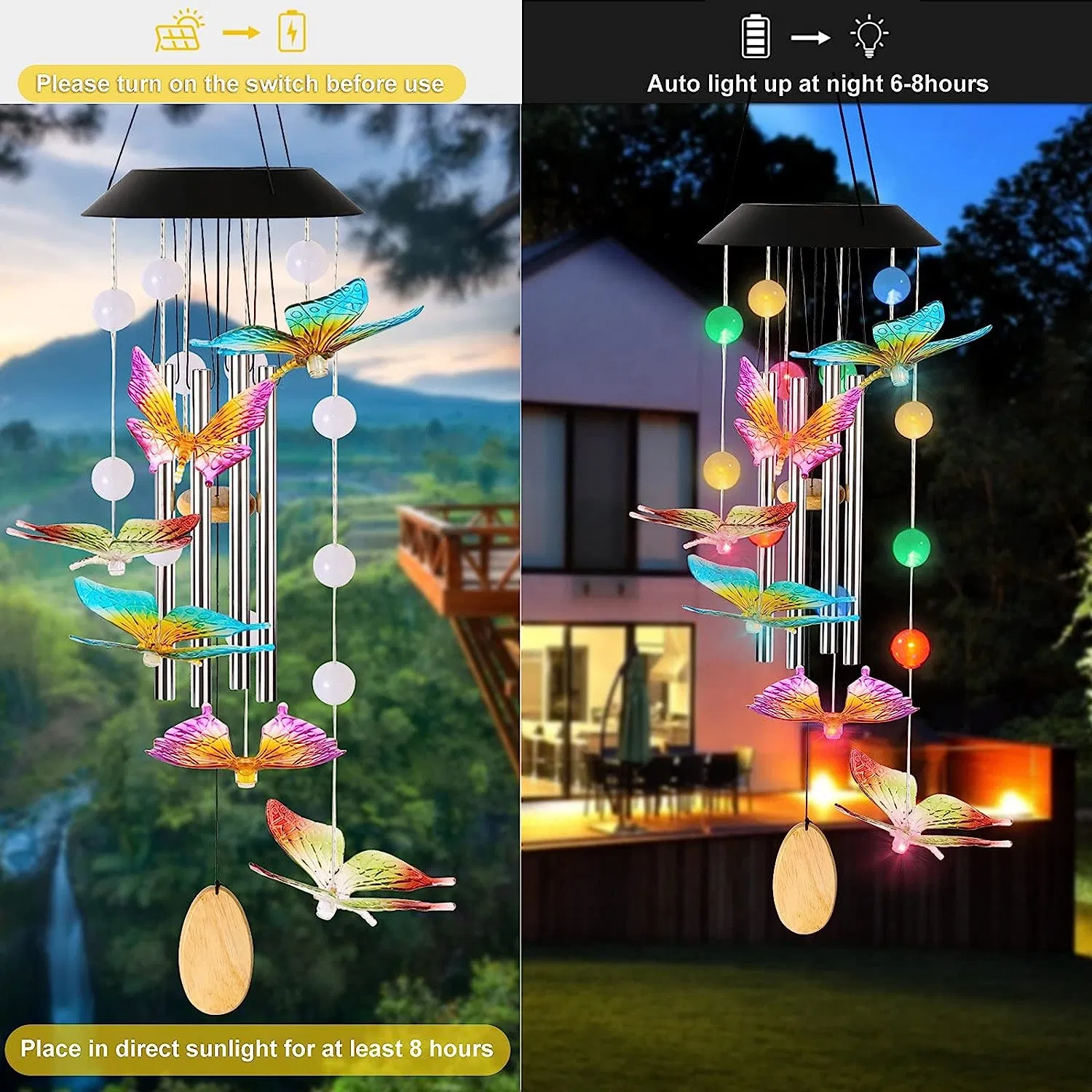 Wind Chimes, Home Decoration Solar Wind Chime 6 Butterfly 4 Music Aluminum Tubes 15 LED Balls Outdoor Waterproof LED Wind Chime, Gifts for Birthday Night Part