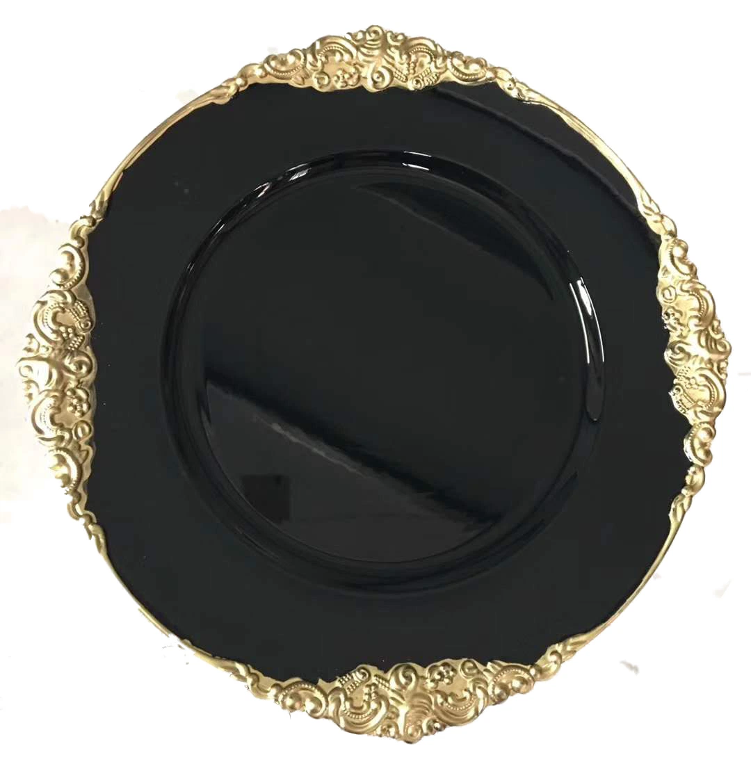 13"Baroque Gold Embossed Luxury Reef Event Decor Charger Plates with Antique Design Rim