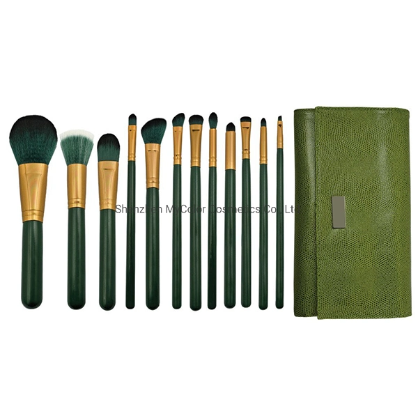 OEM Wholesale/Supplier 12PCS Eco Friendly Professional Travel Cosmetic Makeup Brushes Sets Green Wooden Handle Cosmetic Brush