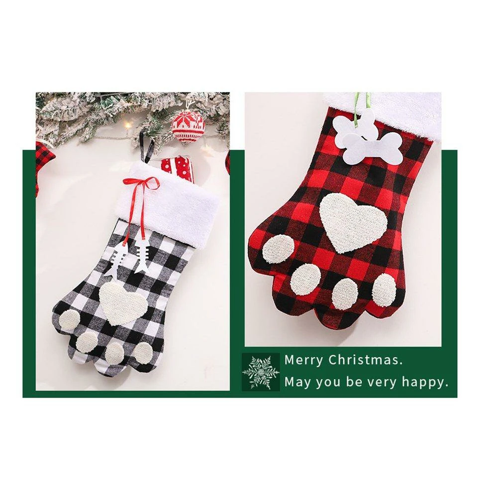 Plaid Dog Paw Sock Christmas Stocking Christmas Tree Pendentif Gift Bag