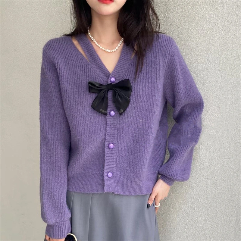 Bow Curta fêmea suéter 2023 Primavera e Outono de novo estilo coreano com nicho Cardigan V-Pescoço sensação de Design revestir do sexo feminino