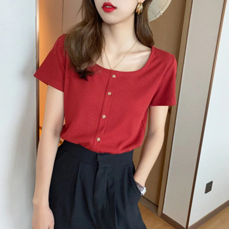 2023 Fashion Women Casual Summer Crop Top Short Sleeve V Neck Tee Button Ribbed Blouse T Shirt