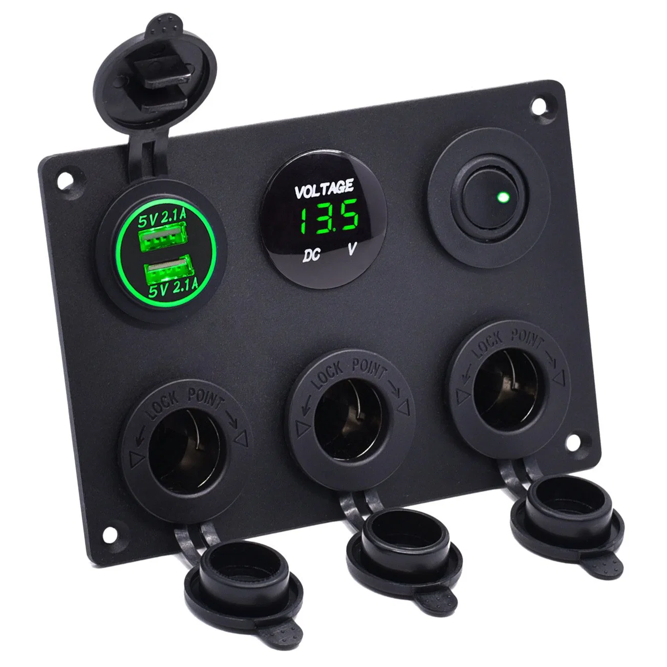 6 Hole Aluminum Automotive Panel with Dual USB Socket, Voltmeter, Power Socket and Toggle Switch