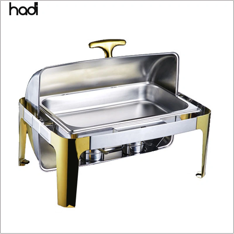 Luxury Decorative Fancy Chafing Dish 9.0L Large Capacity Rectangular Shape and Roll Top Chafing Dish Silver and Gold Color with Glass Window