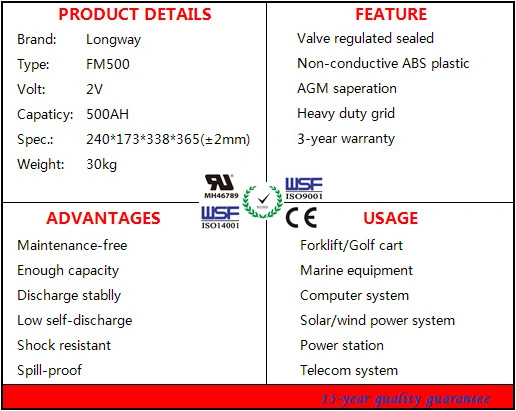 FM500 Rechargeable Stationary Lead Acid Battery for Electric Vehicle