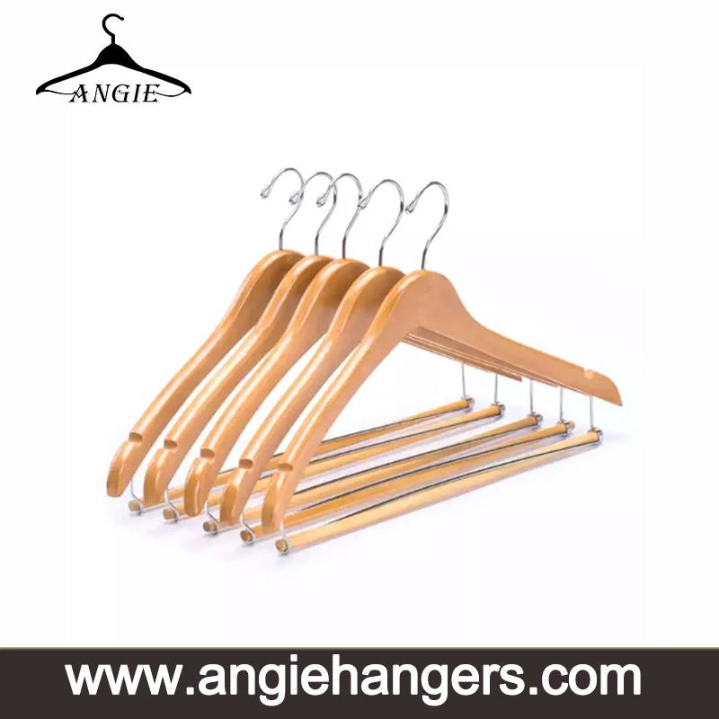 Contoured Wooden Clothes Hangers: Natural Wood Top Clothing Hangers of Curved Shape with Locked Bar for Adult Coats/Suits/Shirts Display