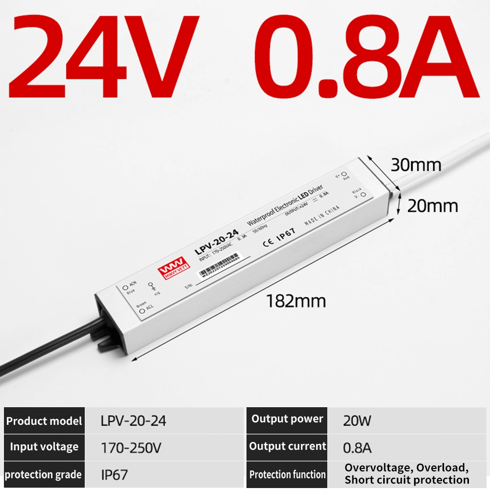 (LPV-20-24) todo el aluminio cerrado Tipo 20W 24V 0,8A impermeable IP67 Interruptor de alimentación