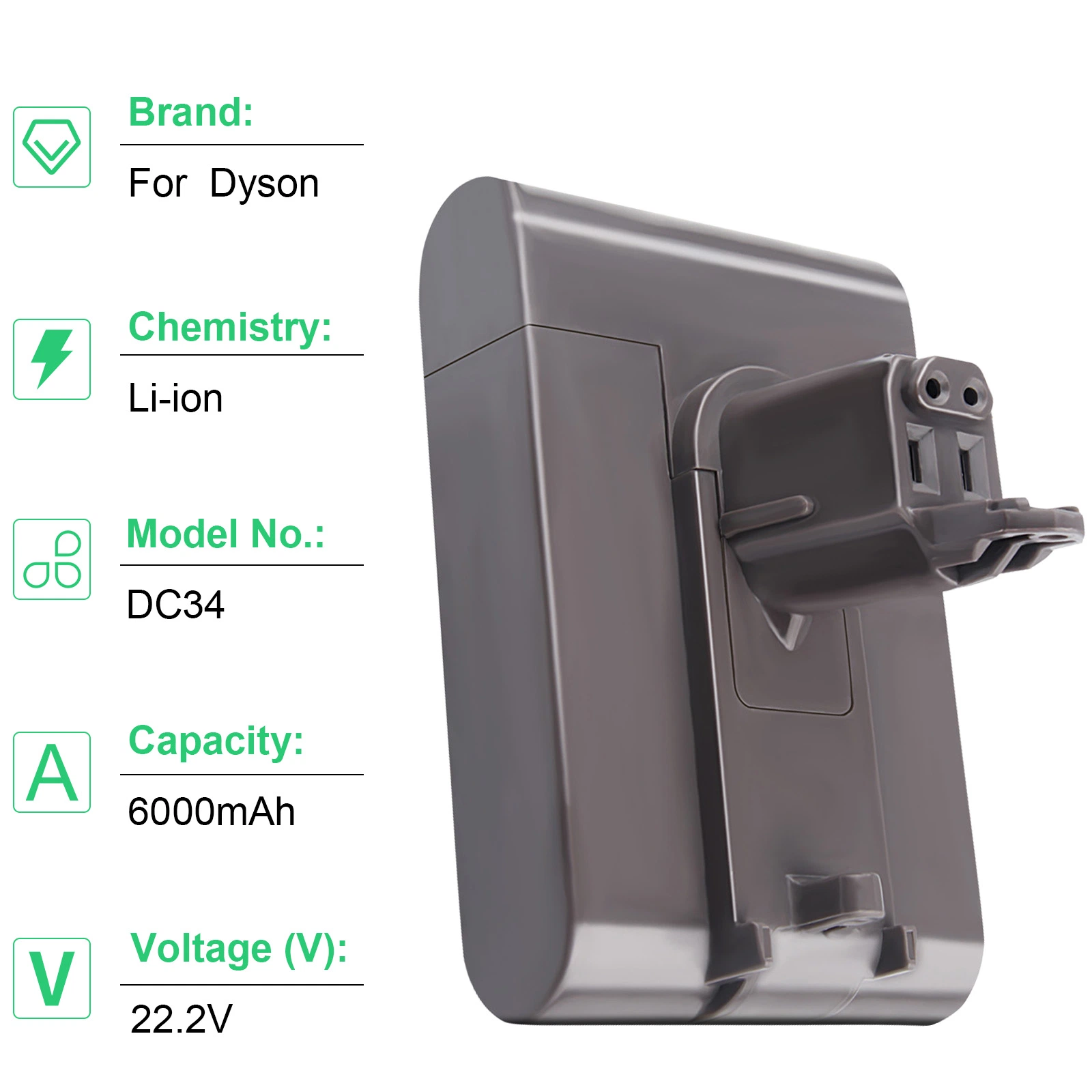 Batería recargable de ión-litio para aspiradora Dyson DC34 22,2V 5000mAh Sustitución