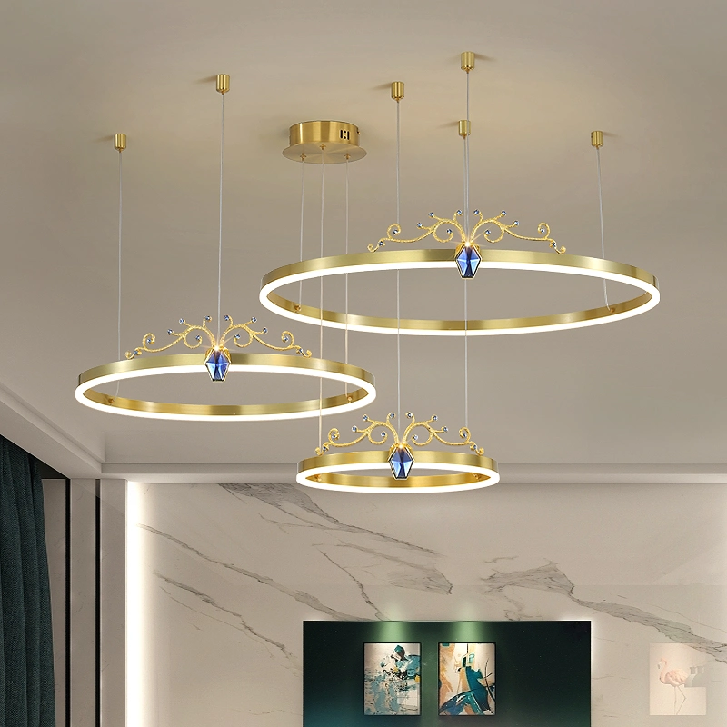 2022 simples suspenso forro decorativo luzes pendentes anéis circulares acrílico Candeeiro LED dourado e moderno