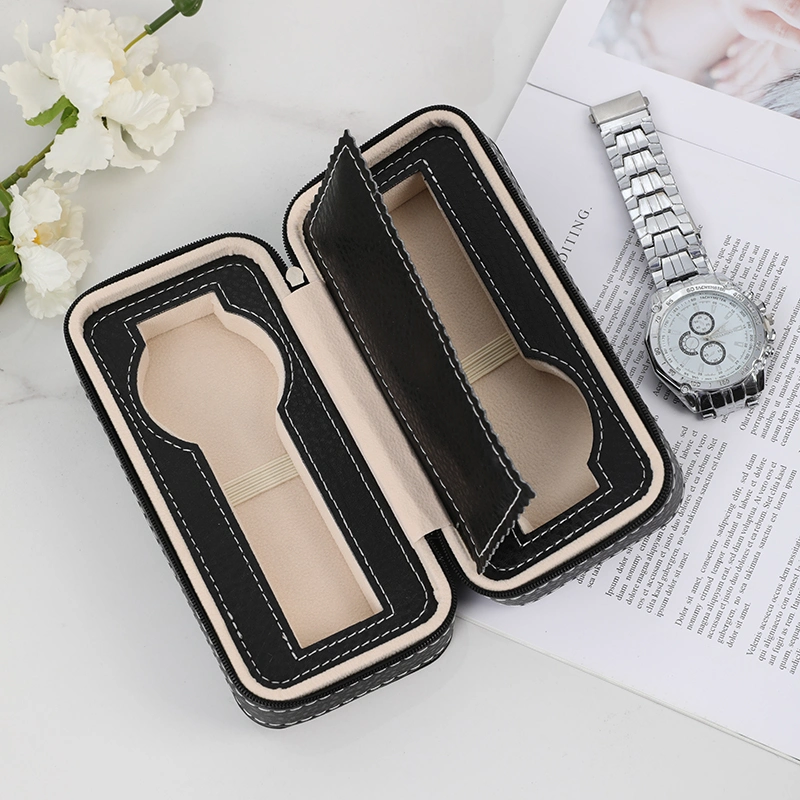 Spot Black Lychee Pattern 2 Slots Watch Storage Box European Fashion Exquisite Watch Leather Zipper Bag