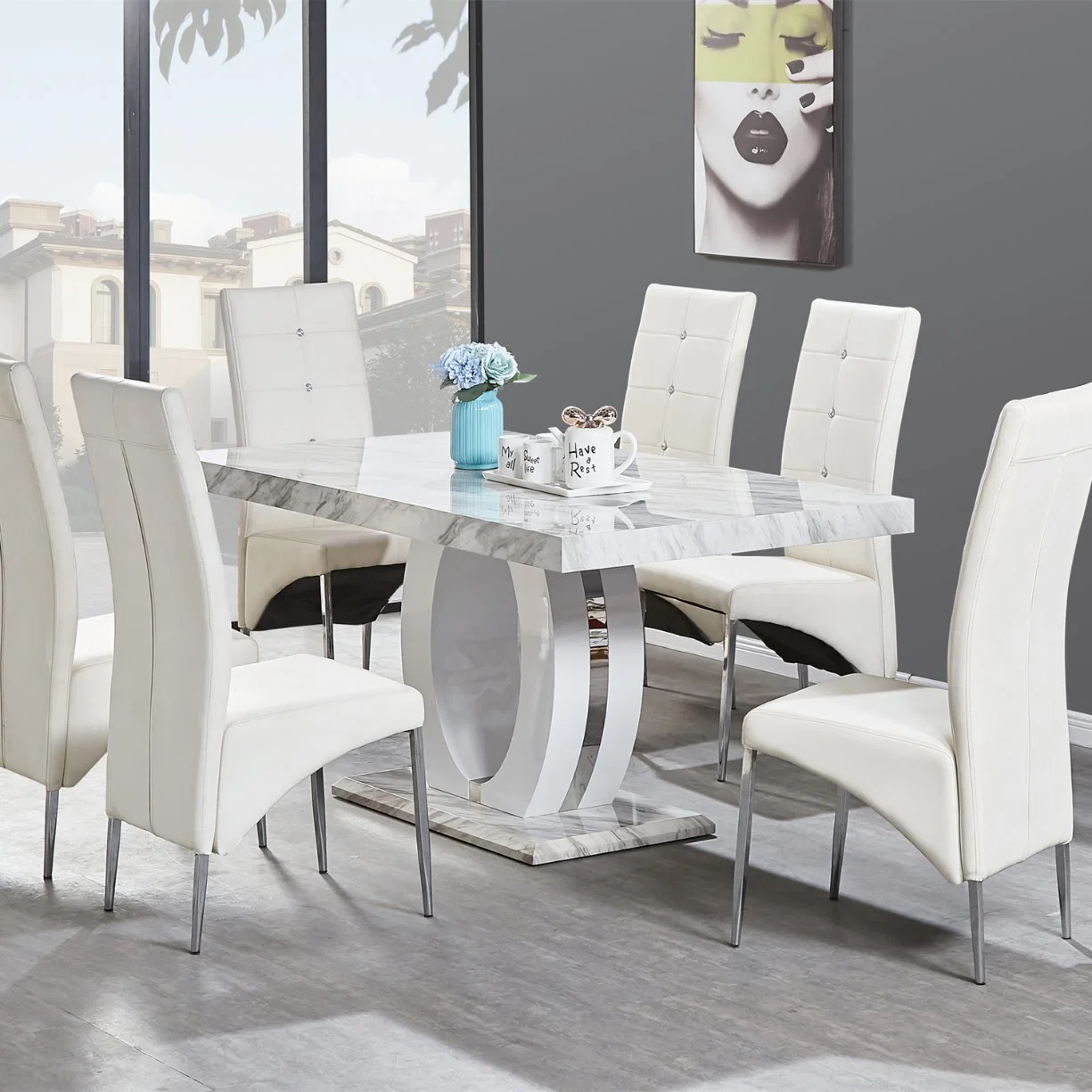 Amostra de estilo europeu barato 6 cadeiras Conjunto de mesa de jantar em mármore branco clássico moderno 8 lugares à mesa de MDF de luxo Personalização básica