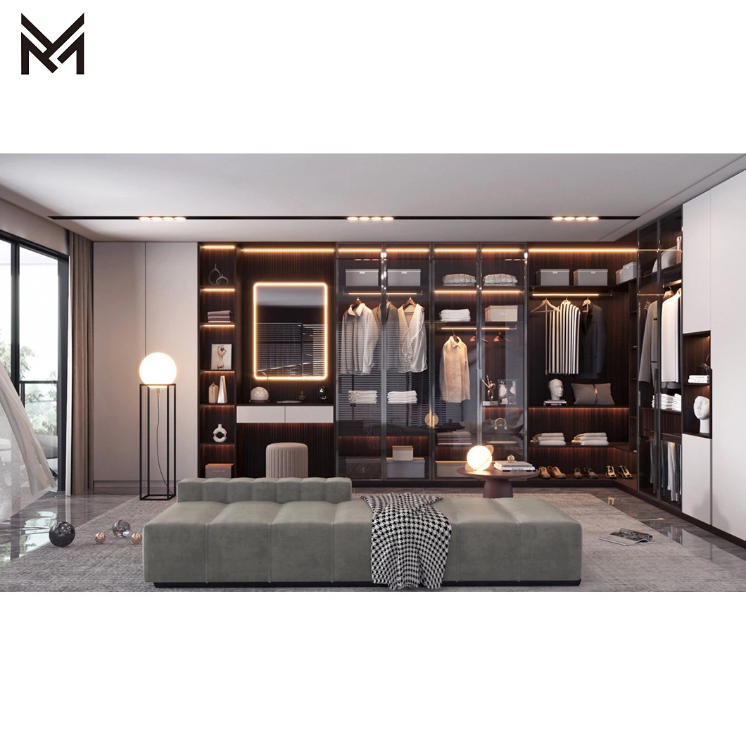 Cheap Price Custom Simple Design Bedroom Glass LED Aluminum Profiles Frames Clothes Wardrobe Modern Wooden Closet Almirah Wardrobes