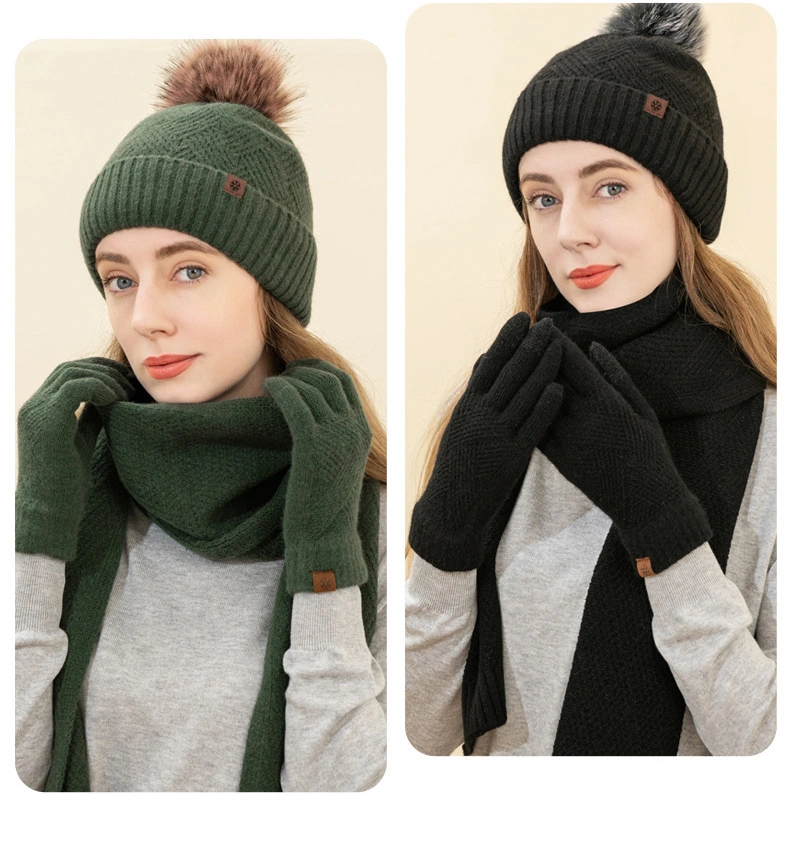 Einfarbig lang Schal Beanie Handschuhe Sets für Frauen mit Pompon