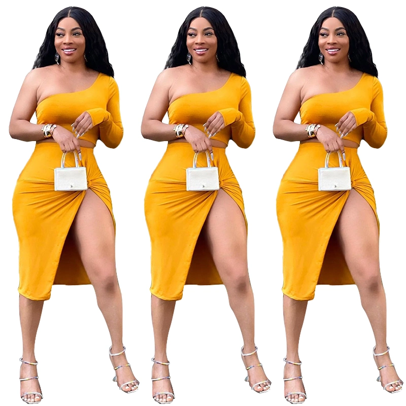 Hot Sexy Singe Shoulder Crop Top and Bodycon MIDI Skirt Two Piece Set Women's Plus Size Clothing