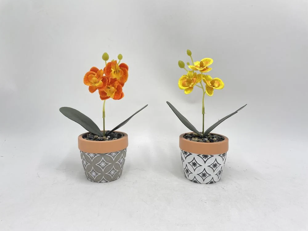 Set of 4 Cement Planter Pot Faux Phalaenopsis Artifical Moth Orchids Flower Table Decoration Faux Phalaenopsis Potted Simulation Phalaenopsis