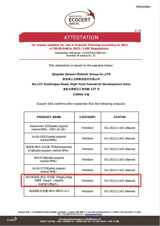 Ecocert Liquid Seaweed Fertilizer Alga Extract Stimulate Growth Enhance Crop Resistance