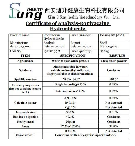 Organic Chemical Ropivacaine Ropivacaine HCl Powder Anaesthetic Ropivacaine