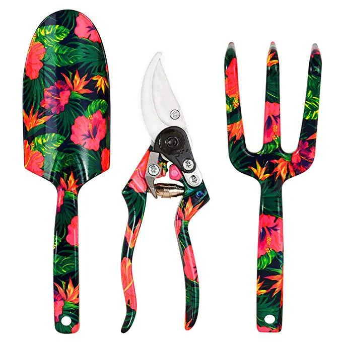 Garden Tools Set of 3PC Floral Design Clippers Trowel Weeding Fork Plant Gardening Trowel, Cultivator, Pruning Shear