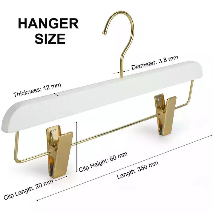 Display Wood Hangers: Glossy Matt White Wooden Bottom Clothes Hangers with Non-Slip Golden Metal Clips for Dress/Pants/Trousers