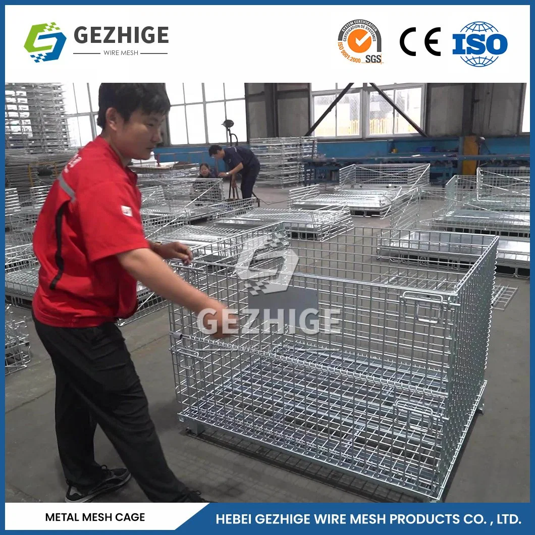 Gezhige China Heavy Foldable Wire Mesh Metal Pallet Folding Warehouse Lockable Storage Cages Wire Mesh Container