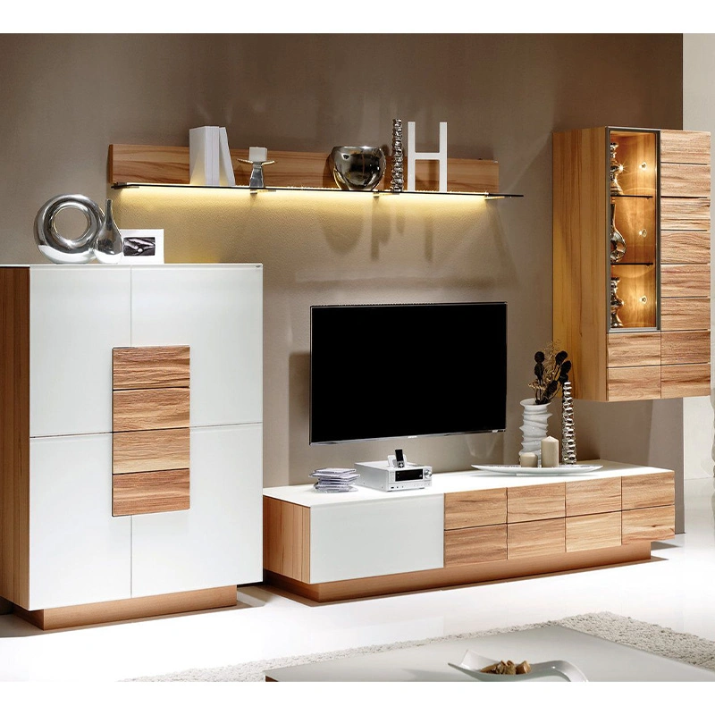 Combinação de mesa de café em madeira com tampo de pedra em queima moderno gavetas de armazenamento Armário lateral da consola TV móvel conjunto Sala de estar