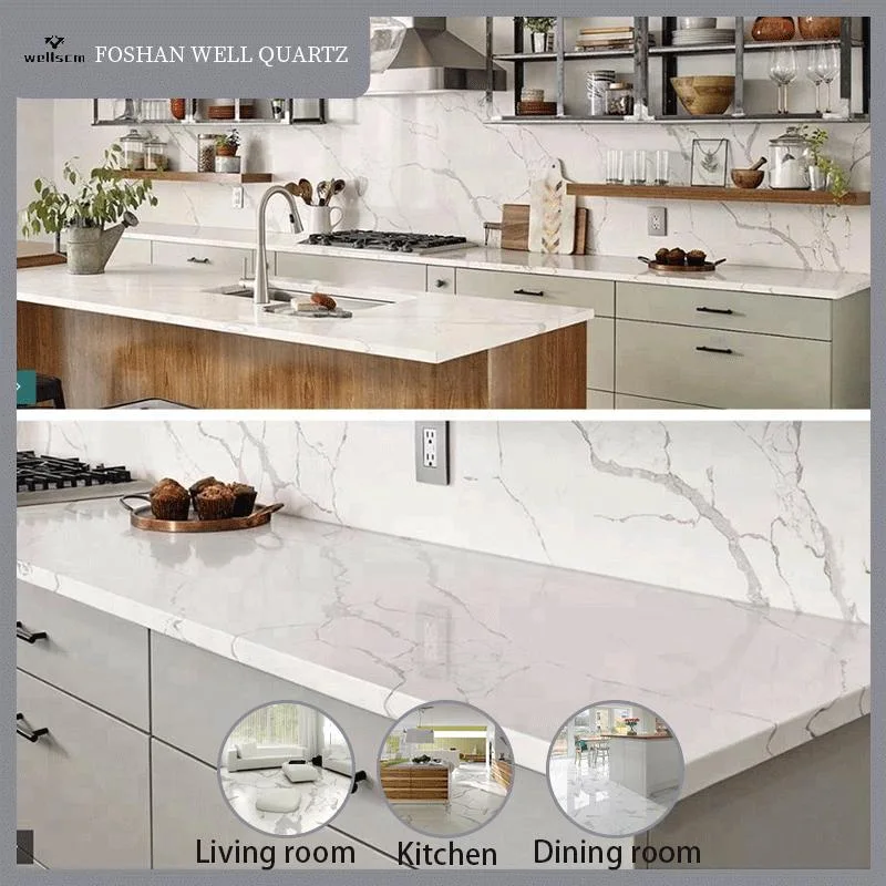 Artificial Calacatta Stone Solid Surface Cut -to-Size White Marble Quartz Countertops Slabs