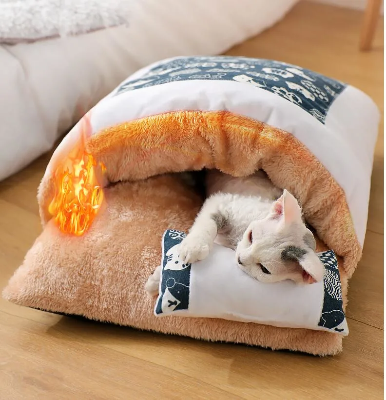 Cama Gatos Japanese-Style Gatos Quente Saco de Dormir cama de cão de estimação destacável de Inverno House Gatos Almofada de serapilheira Casa Pet