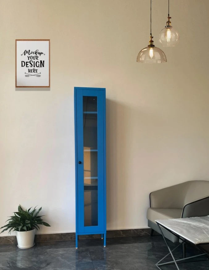 Quarto moderno com mobiliário em estilo de quarto, com vista para a escola azul e espelho Armários