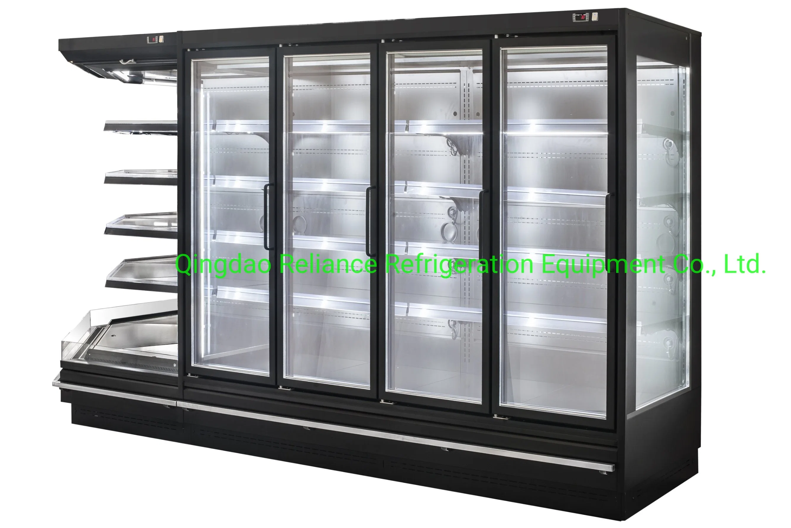 Supermercado en posición vertical refrigerador fruta lácteos bebida comercial con la puerta de cristal