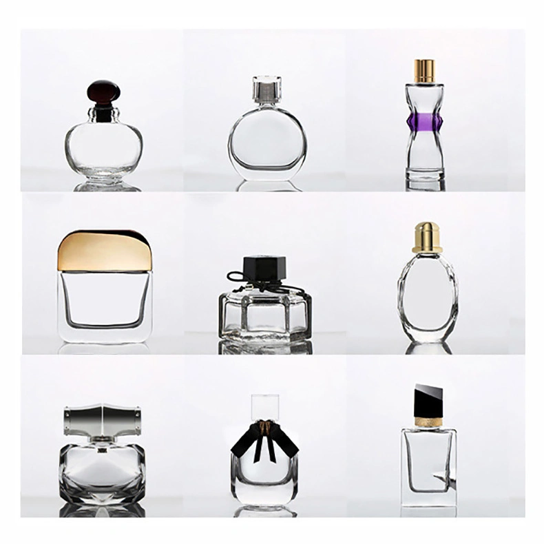 Bouteille de parfum en verre transparent de 10 ml, 35 ml, 50 ml et 100 ml avec vaporisateur, bouteille en verre carrée de 80 ml, bouteilles d'aromathérapie, bouteille de lotion cosmétique