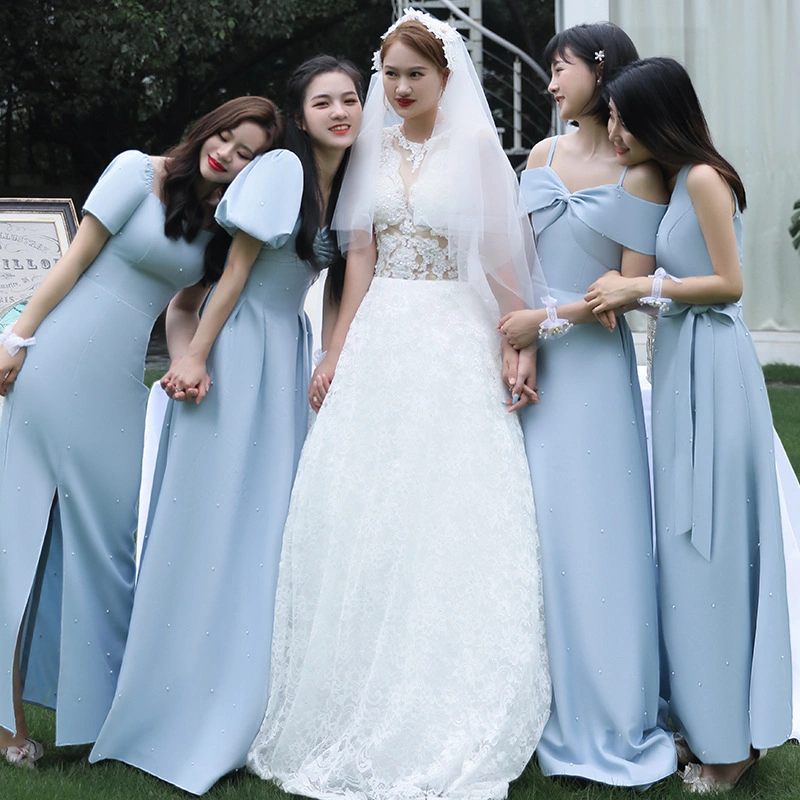 Blue Satin Bridesmaid Dress Autumn and Winter Fairy Sisters Party Long Dress Bridal Wedding Dress