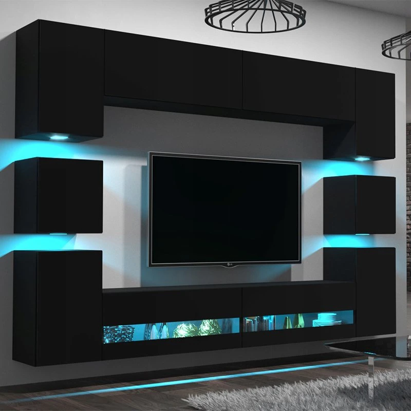 En la pared de almacenamiento High-Gloss modernos de madera Soporte de TV con coloridas luces LED