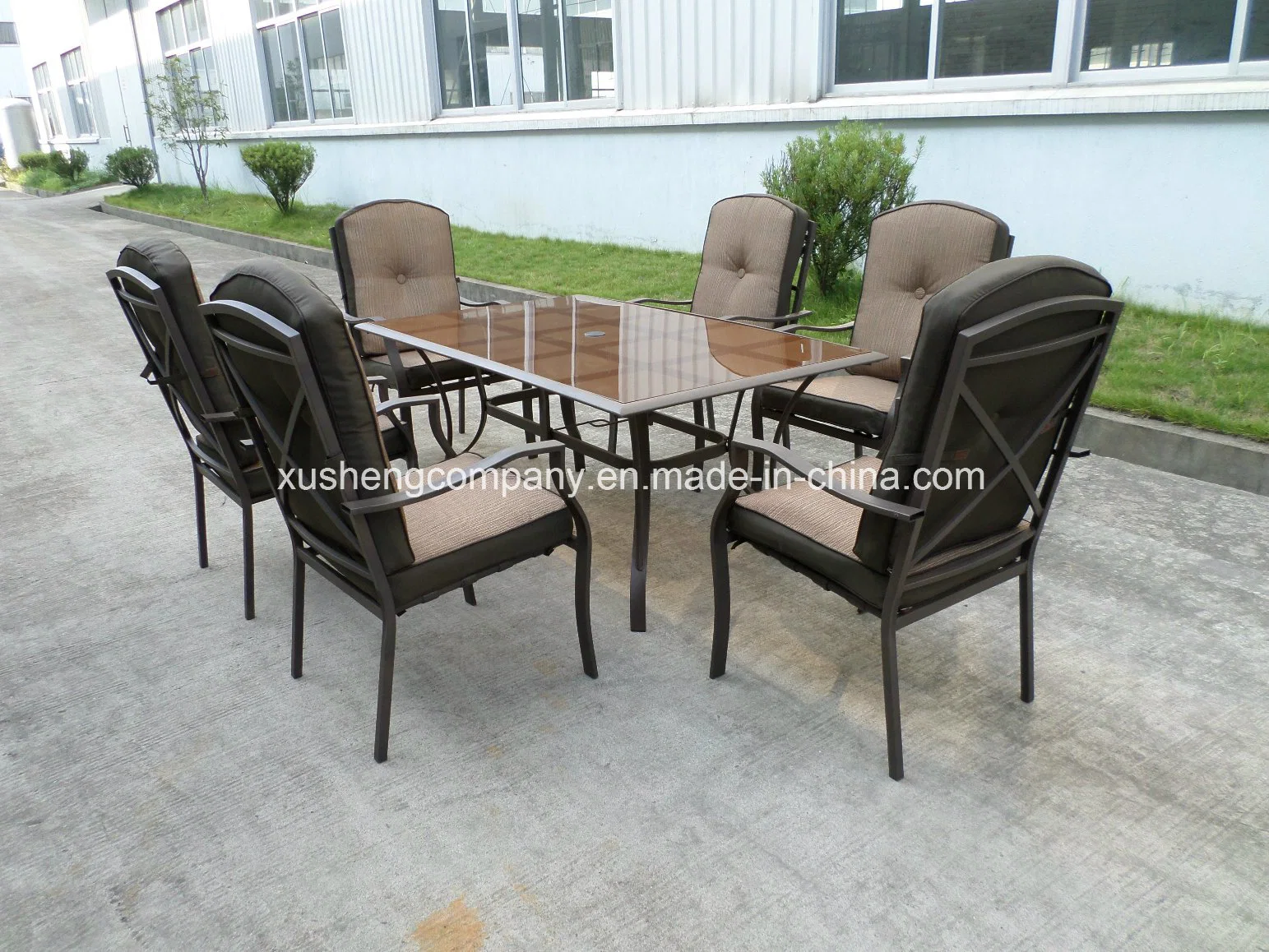 Compitive jardim exterior de aço + Alumínio 7PCS Sofá definido pela tabela de móveis+Cadeiras