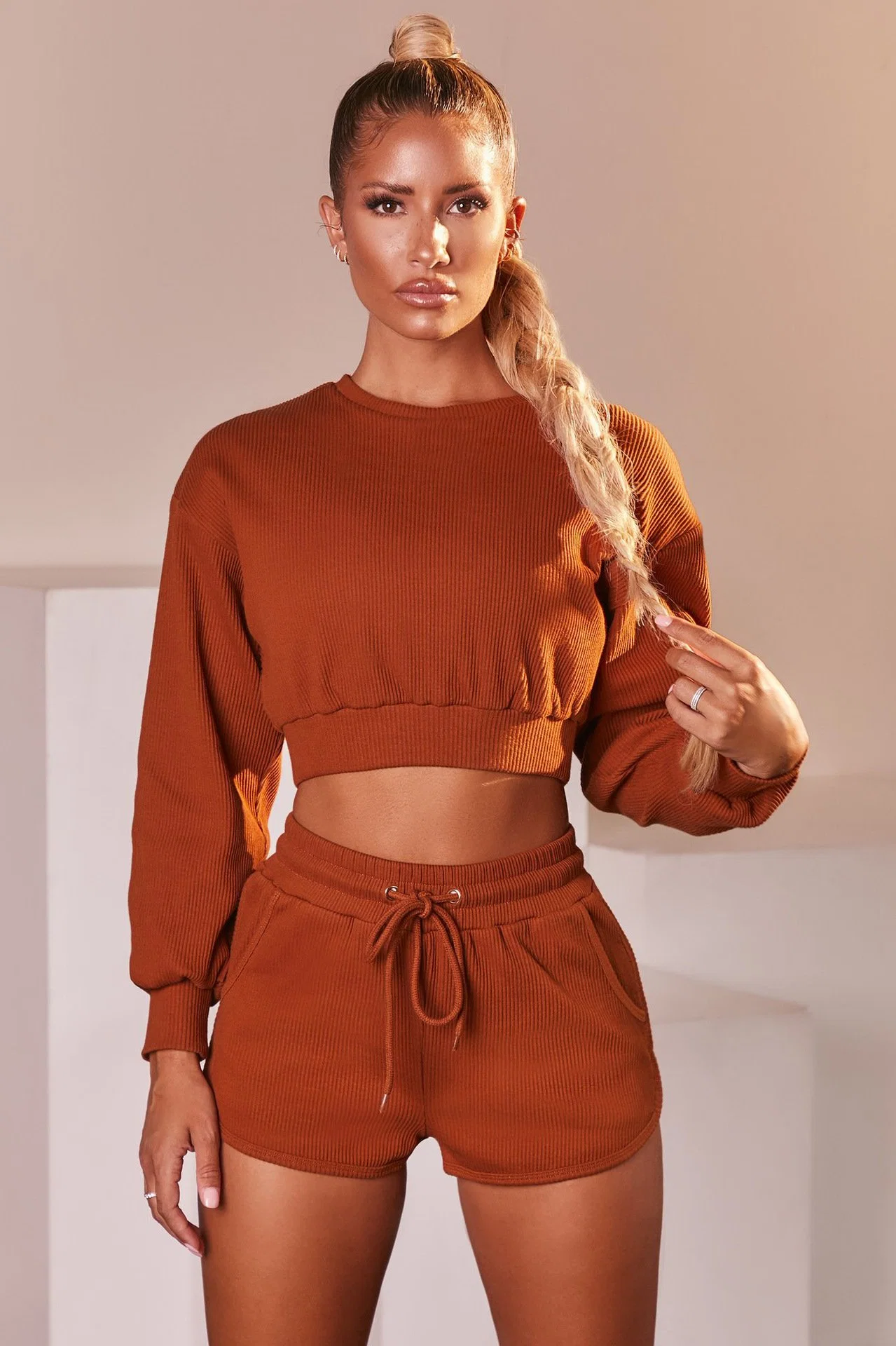 Rib Two Piece Set Women O Neck Long Sleeve Basic Solid Fashion Casual Loose Hoodies and Drawstring Sporty Shorts Women Tracksuit