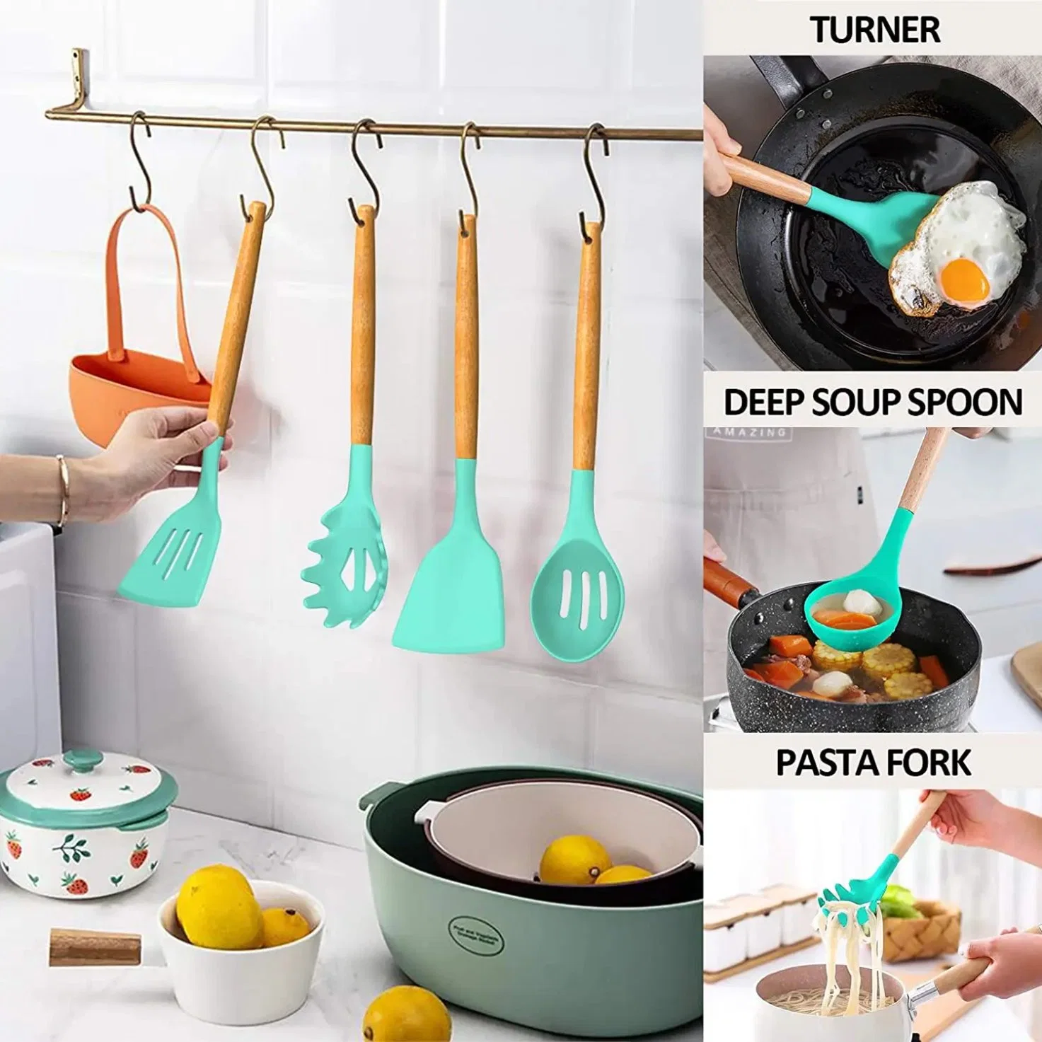 Commerce de gros de haute qualité d'outils de cuisine de qualité alimentaire d'accueil manche en bois ustensile de cuisine en silicone Set 12pcs