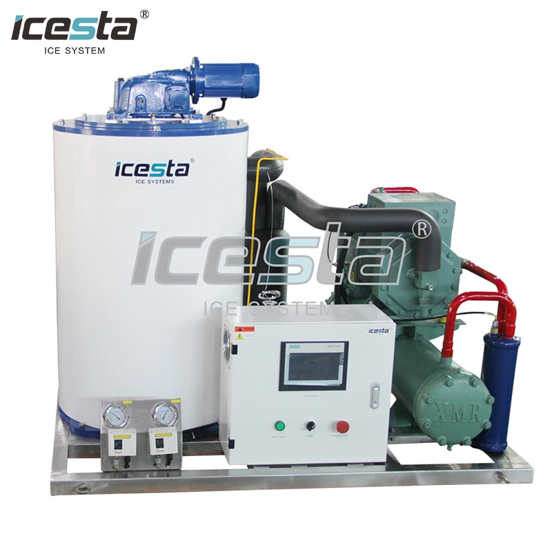 Icesta Máquina de Hielo en Escamas de Alta Fiabilidad y Fácil Control de Enfriamiento por Agua de 300kg 500kg 1 2 3 5 10 Toneladas para Pescado.