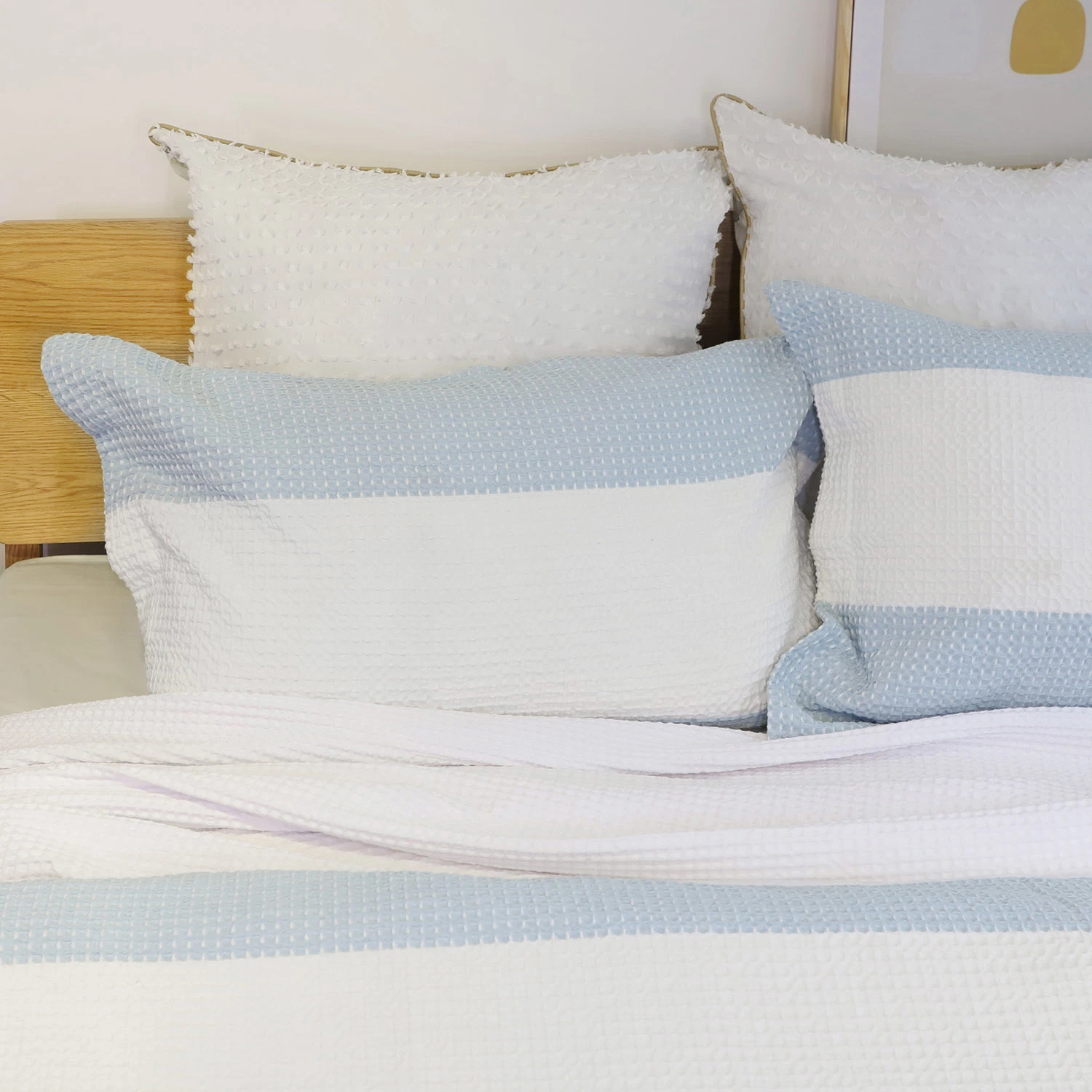 Ensemble housse de couette 100 % coton à rayures gaufrées, blanc et bleu avec Parure de lit douce et aérée Shams