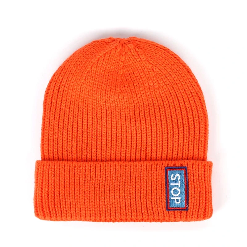 High Quality Rib Knitted Cap Fisherman Beanie Hat with Embroidery Woven Label