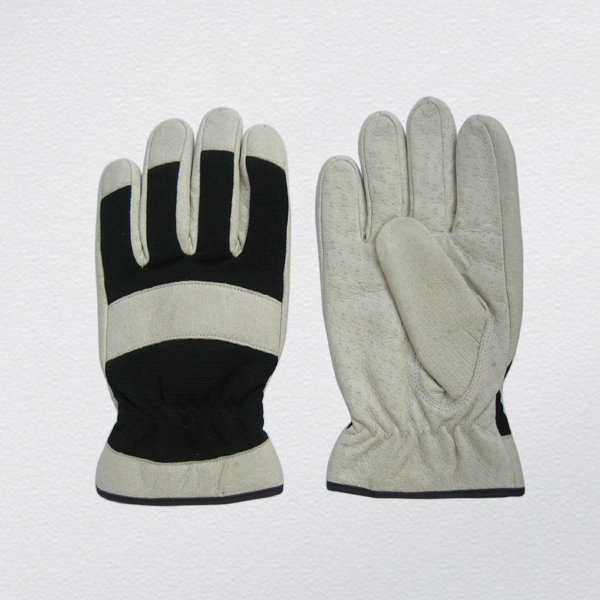 Natural White Pig Grain Leather Black Cotton Back Mechanic Safety Work Glove (7305)