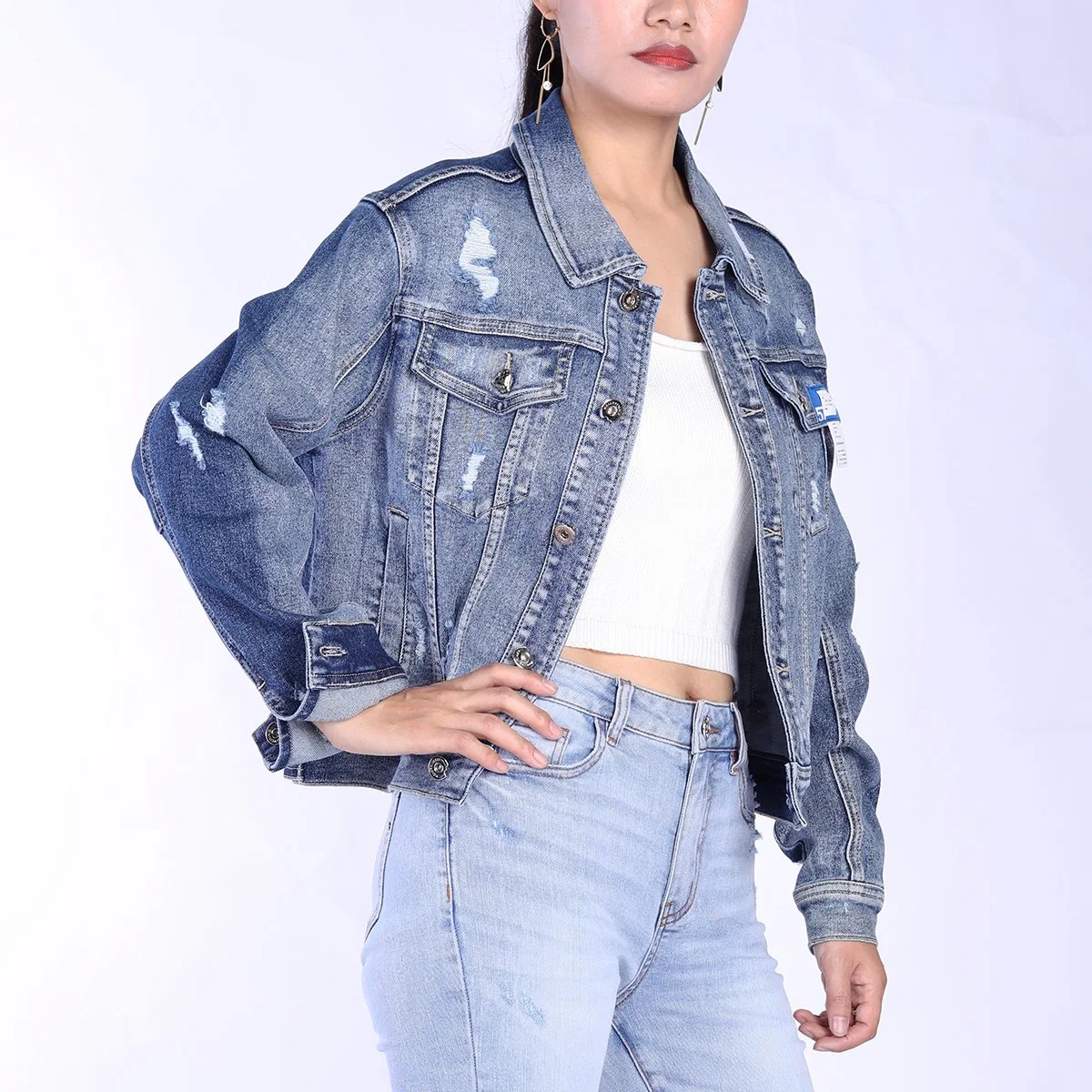 Custom Vintage Blue Ripped Design Plus Size Long Sleeve Women Denim Jackets