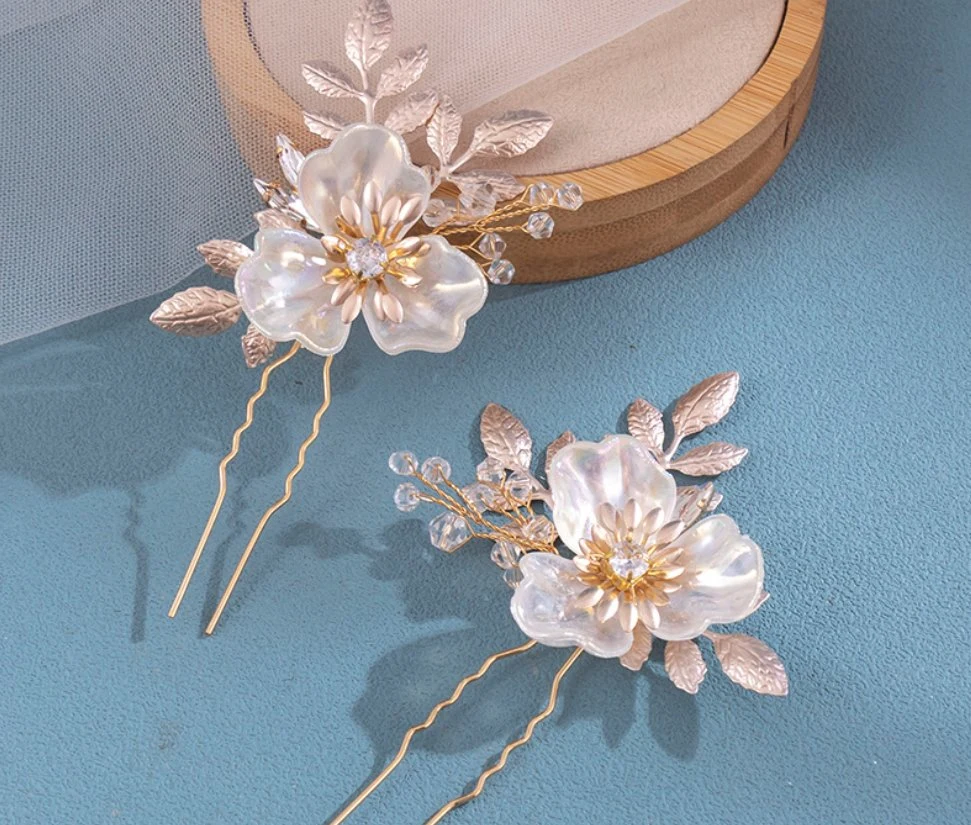 Bridal Wedding Hair Pin Hair Stick, Bridal Leaf Flower Hair Pin Hair Accessories. Wedding Rhinestone Hair Stick Headpiece 2PS/Set