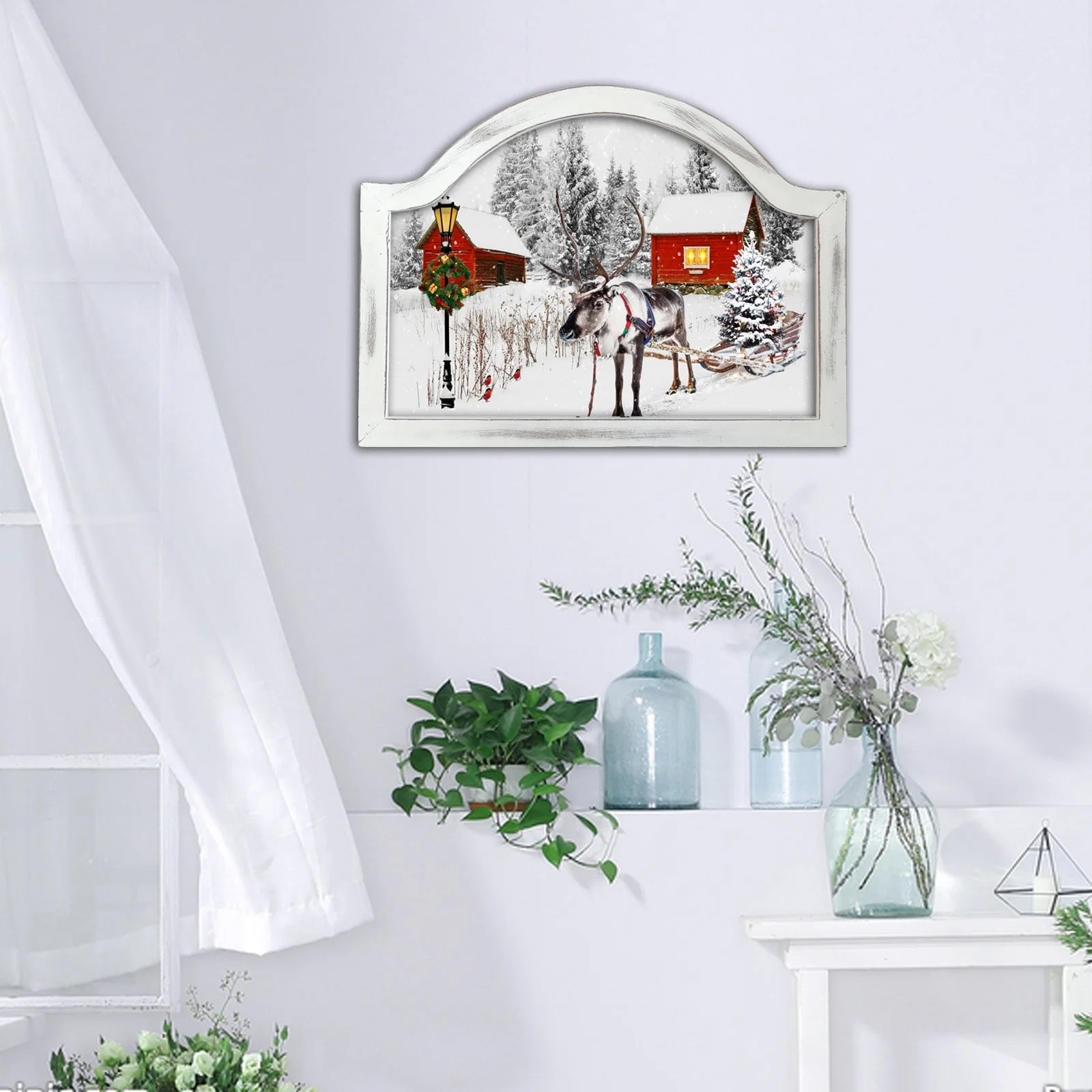 Shaped Painted Wooden Frame with LED Lights Christmas Decoration Wall Painting