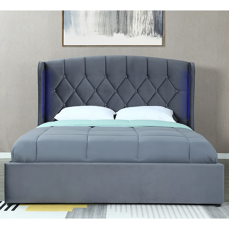 Willsoon 1513-1g Modern Stylish Curve Velvet Fabric Bed with Button Design Headboard and LED Wings & Gas Lift Storage