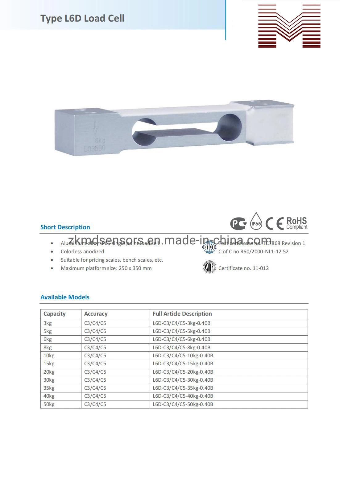 L6d aluminio Célula de carga de un solo punto, OIML aprobado (3kg-50kg)