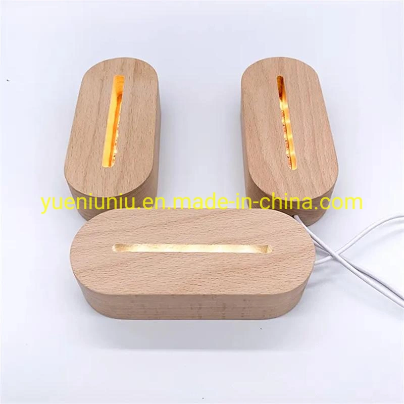 Hot Selling Acrylic Crystal 3D USB Round Wooden LED Lamp Holder Beech Wood Night Light