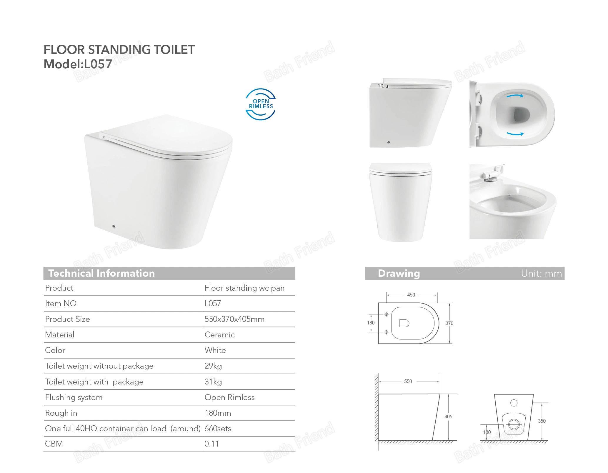 Banheiro principal de design clássico Conjunto completo de vaso sanitário sem borda com bidê de cerâmica e descarga de 3/4.5L.