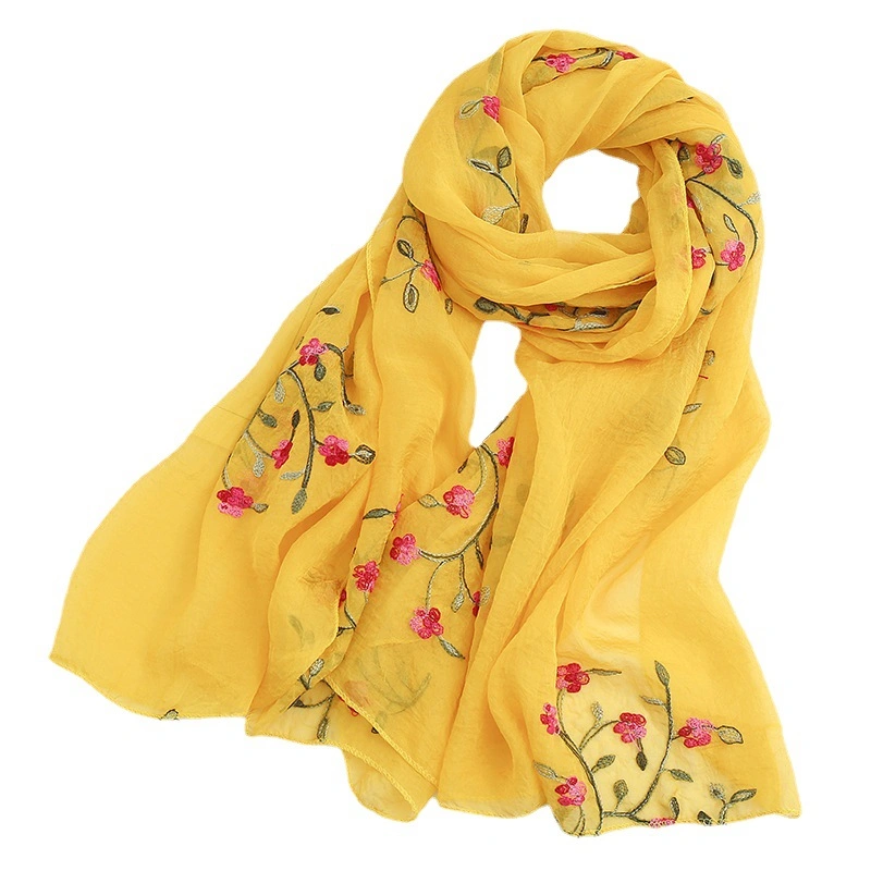 New Fashion Spring Summer Sunscreen Embroidered Chiffon Hijab Elegant Custom Plain Color Lady Scarf